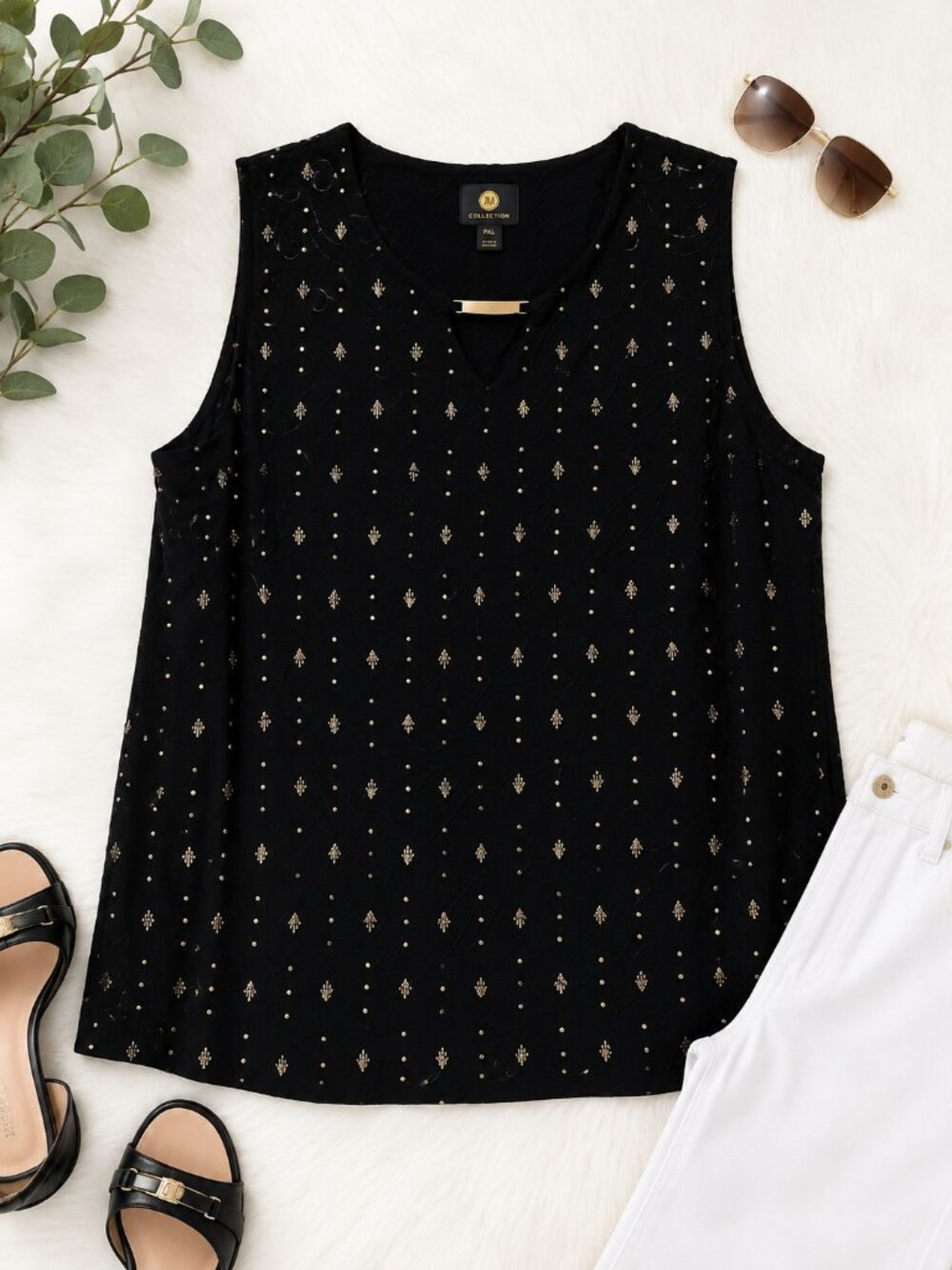 JM Collection Petite XL Black Gold Embellished Sleeveless Blouse Tank